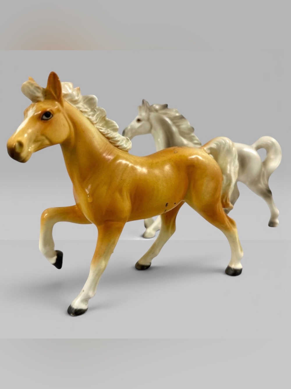 Vintage Ceramic Horse Figurines Palomino & Gray 6.5” Equestrian Decor